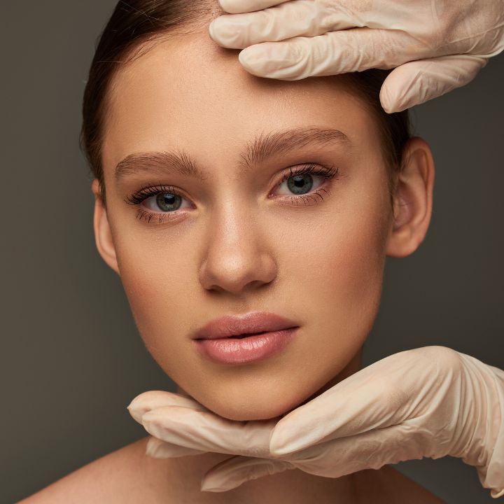 Close-up of a woman with flawless skin being examined by gloved hands, representing professional skincare services and guidance on how to become a skincare consultant.