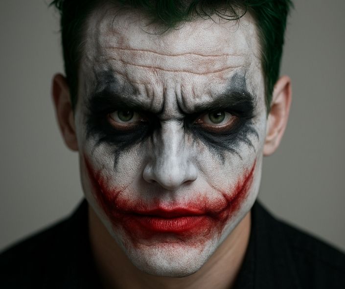 Close-up portrait of a young man wearing Halloween villain clown makeup with white face paint, smudged black eyeliner, green hair, and a red exaggerated smile, perfect for creepy clown costume inspiration. Joker-inspired makeup.