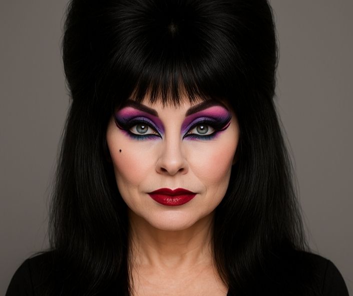Realistic portrait of a middle-aged woman in gothic Halloween makeup, featuring bold vampy eyes, voluminous lashes, red lipstick, and a dramatic black bouffant hairstyle for a dark glam look.