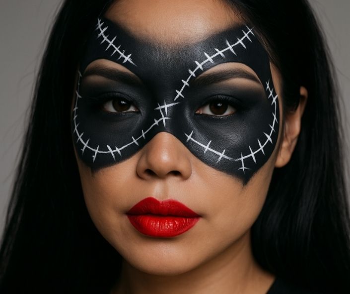 Cat-inspired Halloween makeup look featuring a black stitched mask with smoky halloween eye makeup and bold red lips — perfect for easy Halloween makeup ideas or cat makeup Halloween inspiration.