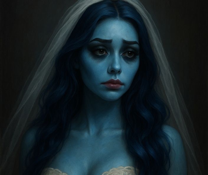 Fantasy bridal Halloween makeup look featuring blue-toned skin, smoky halloween eye makeup, long wavy blue hair, dramatic lashes, and a white wedding veil.
