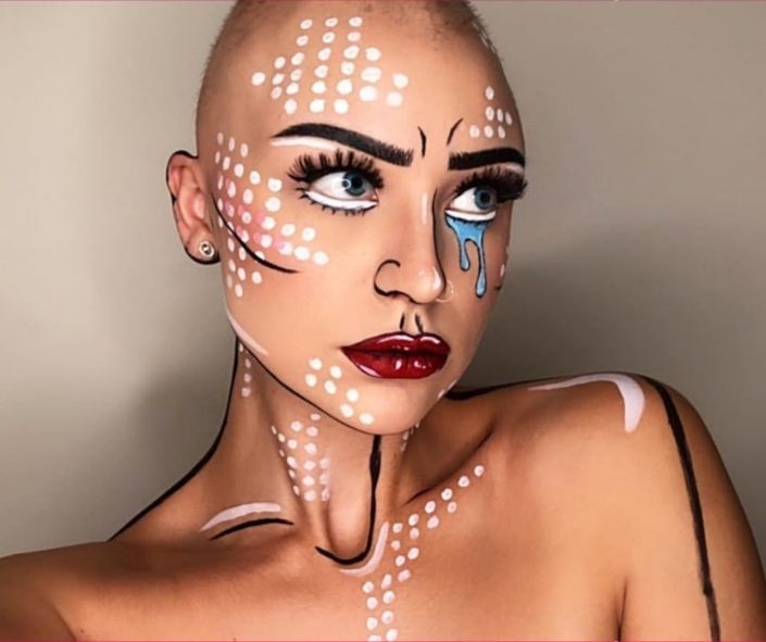 Easy Halloween makeup idea inspired by pop art, featuring bold comic-style lines, dotted face paint, dramatic lashes, and a teardrop design for a striking cartoon effect.