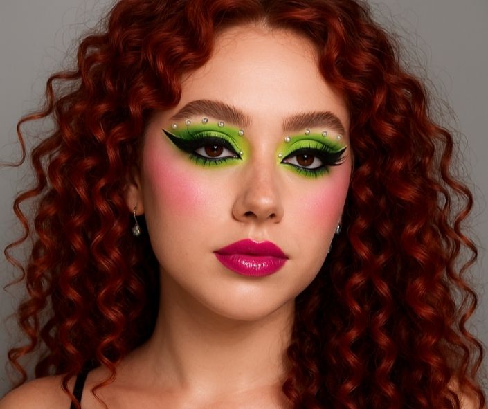 Brat glam makeup look with neon green eyeshadow, glitter accents, rhinestones, bold eyeliner, and curly red hair — a creative idea for easy Halloween makeup.