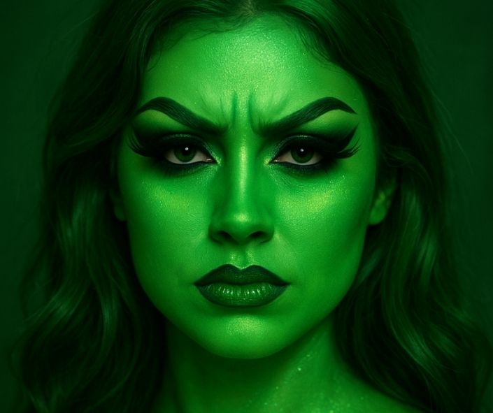 Fantasy Halloween eye makeup look inspired by the emotion jealousy, featuring vibrant green face paint, bold smoky eyes, dramatic lashes, and shimmering highlights.