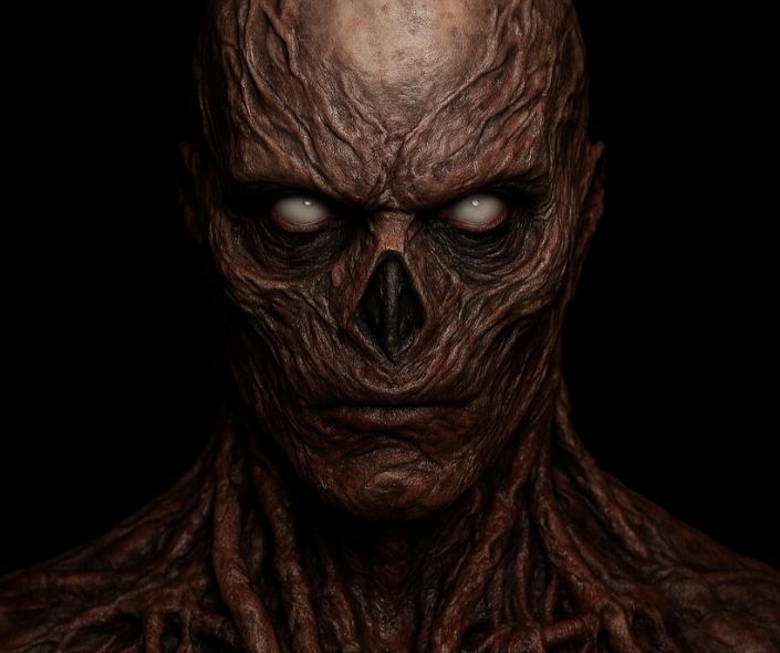 Scary Halloween makeup with bald cap and prosthetics, featuring textured veiny skin effects, eerie white contact lenses, and a terrifying fantasy creature design.