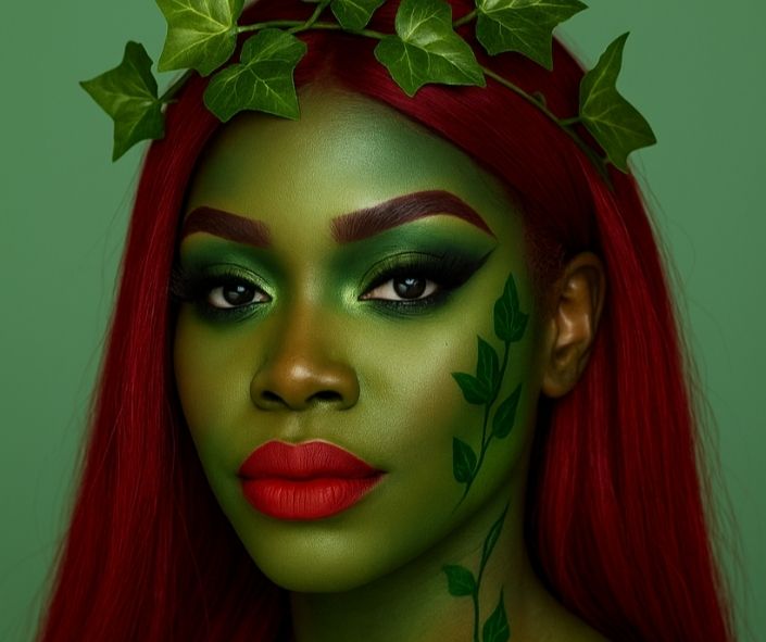 Halloween makeup ideas featuring a glam villain look with green contour, leafy face details, bold red lips, and long red hair for a striking nature-inspired style.