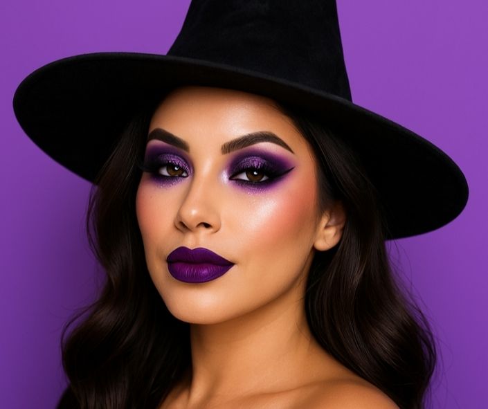 Glam witch Halloween makeup with smoky purple eyeshadow, glitter accents, and a bold lip — a stunning option for easy Halloween makeup ideas.