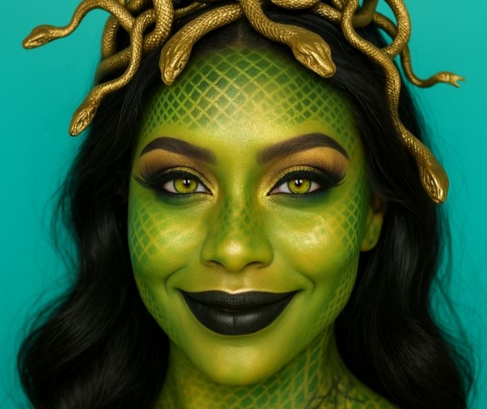 Scary Halloween makeup featuring a Medusa-inspired look with green scale effects, gold eye accents, yellow-green snake contact lenses, and a snake headpiece.