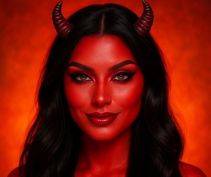 Glam devil Halloween makeup with red contour, bold eyeliner, glossy red lips, and horns against a fiery background — a bold idea for scary Halloween makeup.