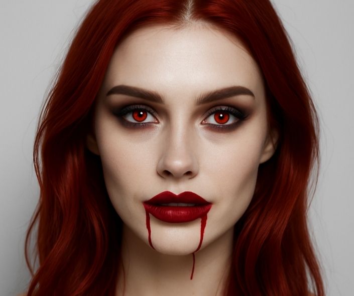 Classic vampire Halloween makeup on a redhead woman with red contact lenses, smoky brown eye makeup, ombre crimson lips, and dripping fake blood — a dramatic option for scary Halloween makeup.