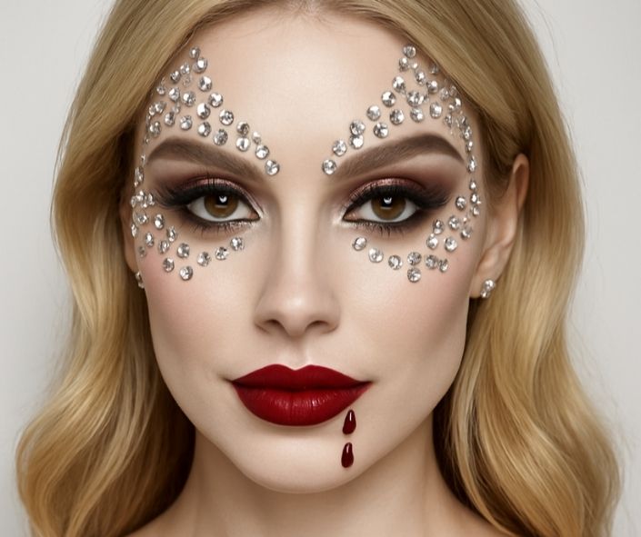 Glam vampire queen Halloween makeup with pale contoured skin, rhinestones framing the eyes, ombre crimson lips, and ruby gem details at the mouth for a scary Halloween makeup look.