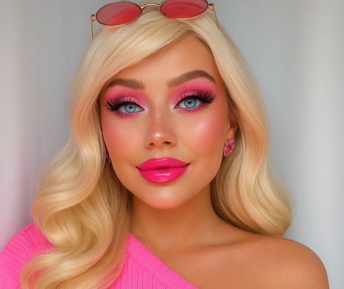 Barbie-inspired Halloween makeup idea featuring bold lashes, glossy pink lips, shimmering eyeshadow, and sparkling accents for a glamorous doll-like look.