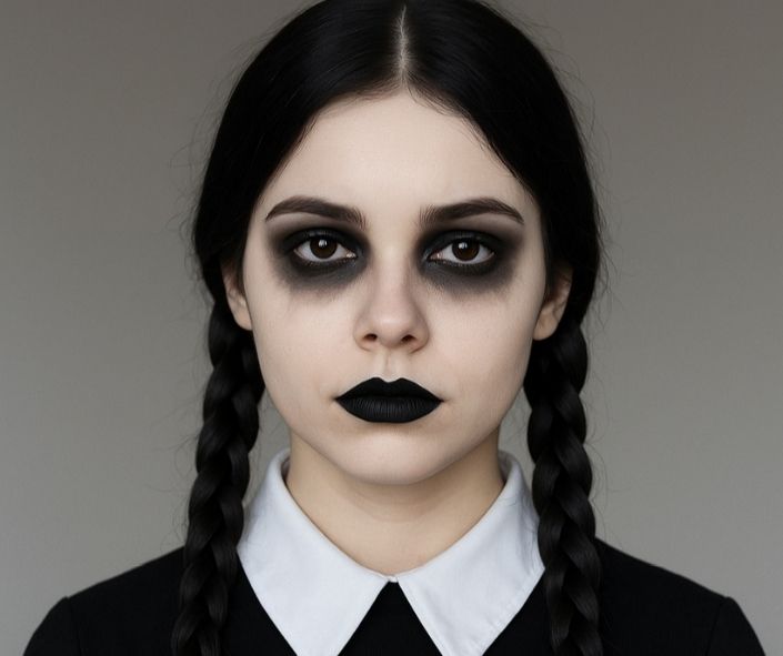 Gothic Halloween makeup idea featuring pale skin, smudged black eyeliner, dark lipstick, braided hair, and black clothing with a white collar for a spooky vibe. Wednesday Addams makeup.