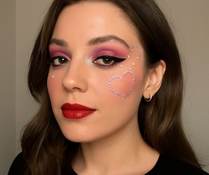 Young woman wearing Taylor Swift Eras Tour makeup look with glittery pink eyeshadow, bold eyeliner, red lips, and rhinestone heart design, perfect for concert makeup inspiration.