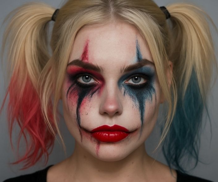 Close-up of a young woman with blonde hair in pigtails wearing creepy Halloween clown makeup, featuring dramatic red and blue smudged eyeshadow, bold red lips, and a hint of glam for a spooky yet stylish look. Harley Quinn-inspired makeup.