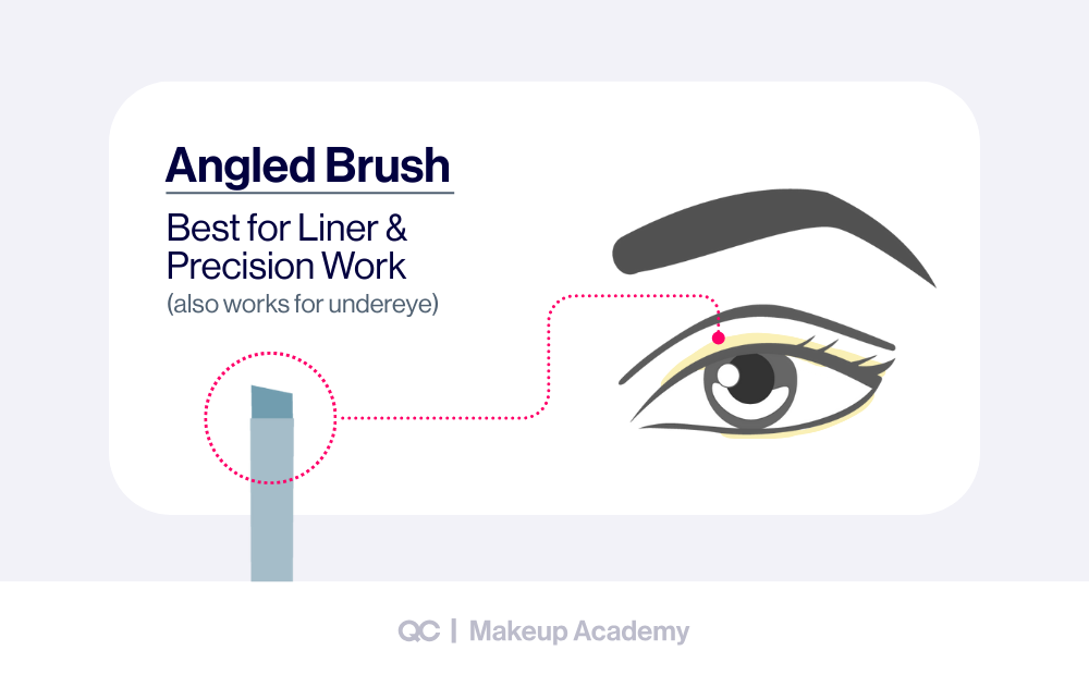 Step by step eyeshadow application using an angled brush for liner, precision work, and under eye definition.