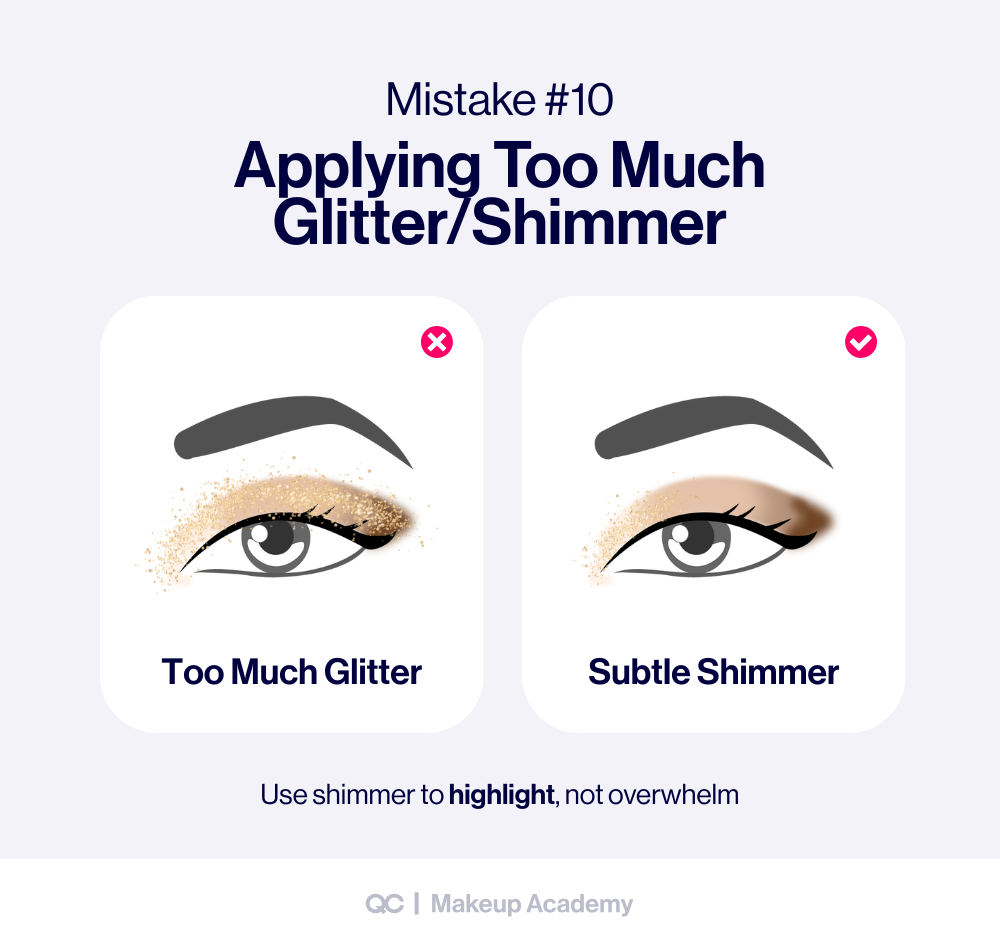 Eye shadow looks tutorial showing the mistake of applying too much glitter versus using subtle shimmer. Step-by-step eyeshadow guide for balanced eye makeup looks.