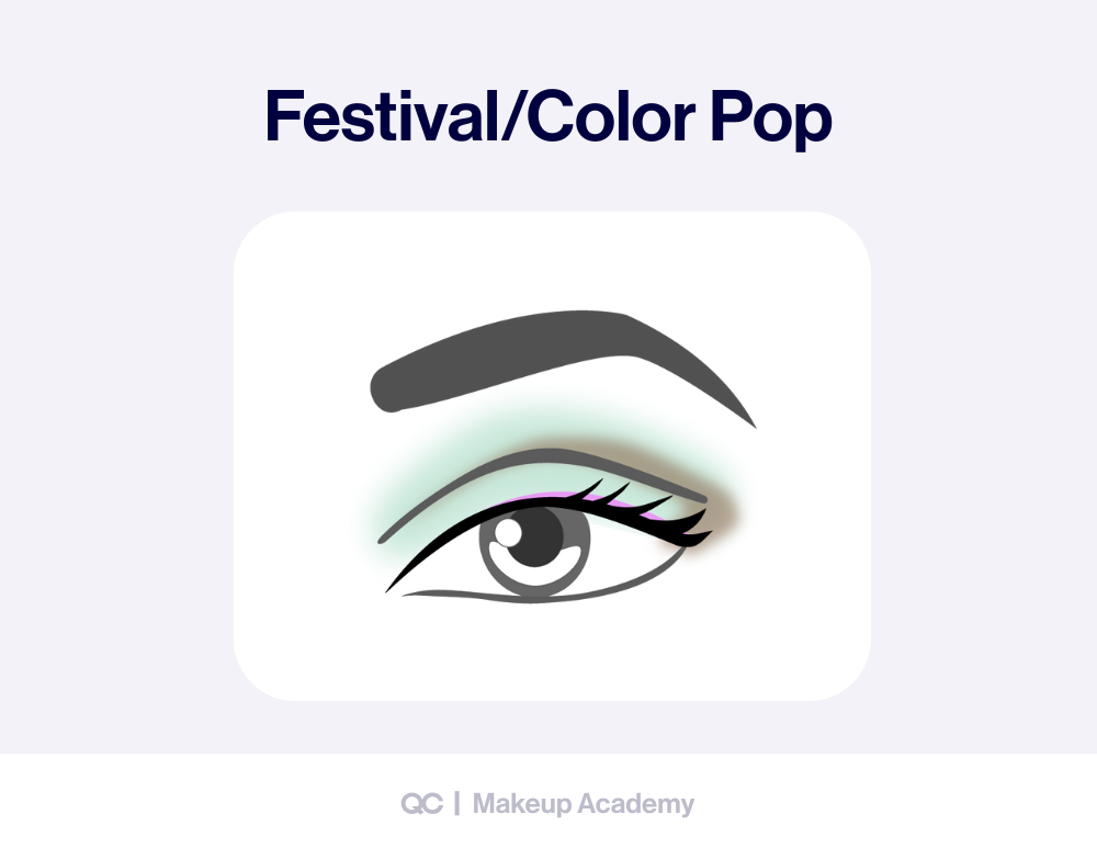Eye makeup looks tutorial showing a festival color pop style. Step by step eyeshadow guide on how to apply eyeshadow with bold shades for fun events