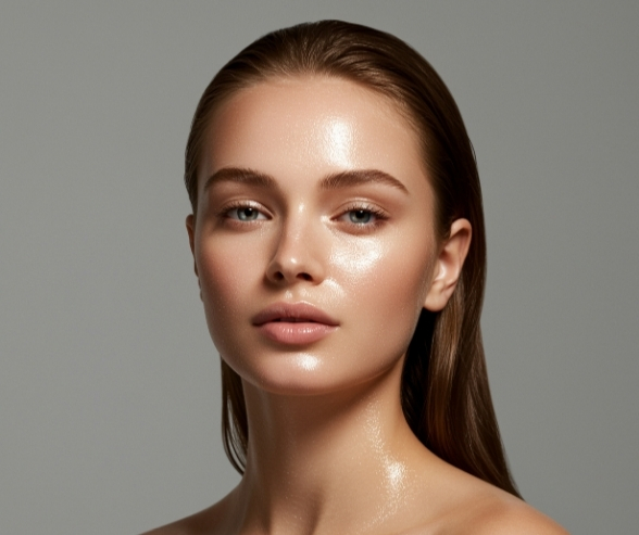 Minimalist glowing skin with soft blush and nude lips, showcasing a fresh and radiant unique bridal makeup look for modern brides.