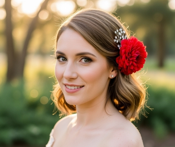 Bride with soft glam makeup, glowing skin, and a red floral hair accessory, highlighting a romantic traditional bridal makeup style.