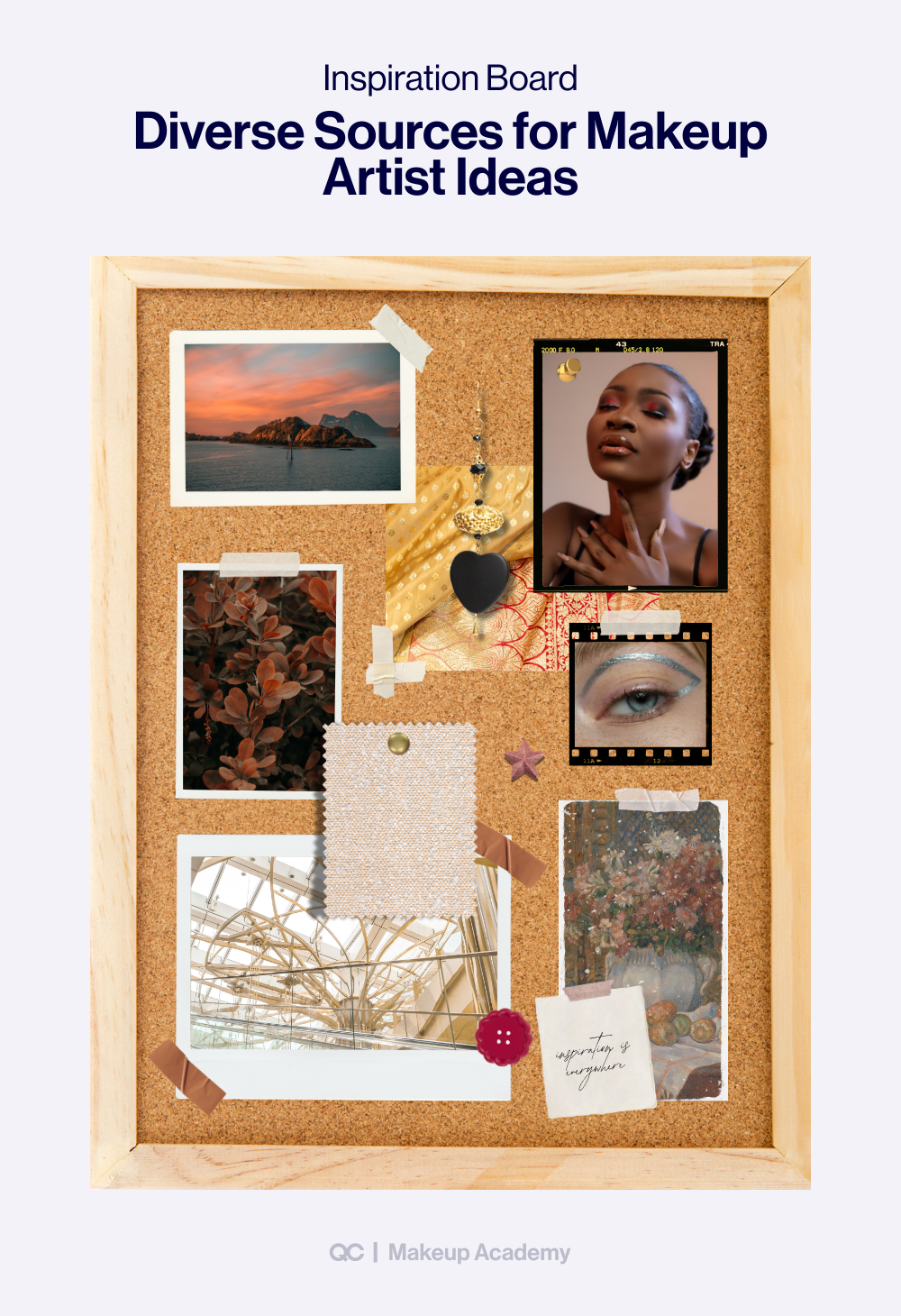 Infographic showing a corkboard filled with photos, fabrics, and textures, illustrating diverse makeup artist ideas and creative sources of inspiration.