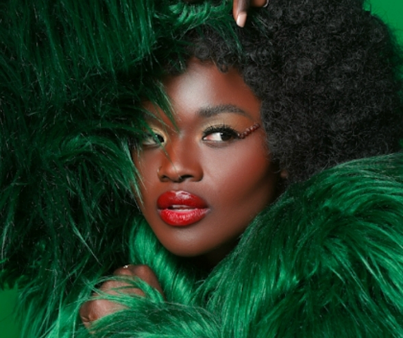 Close-up of a model wearing bold red lipstick, dramatic eyeliner, and a vibrant green feathered coat, showcasing an artistic makeup look that embodies creative makeup inspiration. Makeup by QC Makeup Academy student, Kate Loveland.
