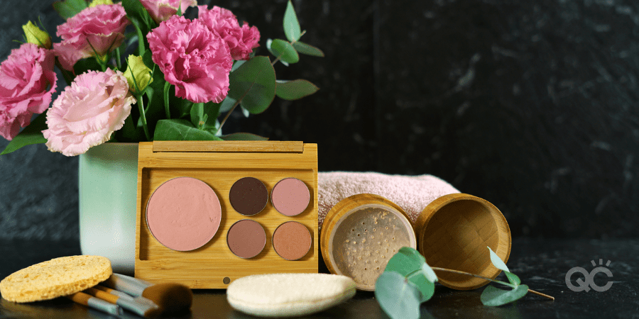 Zero-waste, plastic-free beauty and makeup reusable and refillable bamboo and natural products for eco-friendly lifestyle, slow panning.