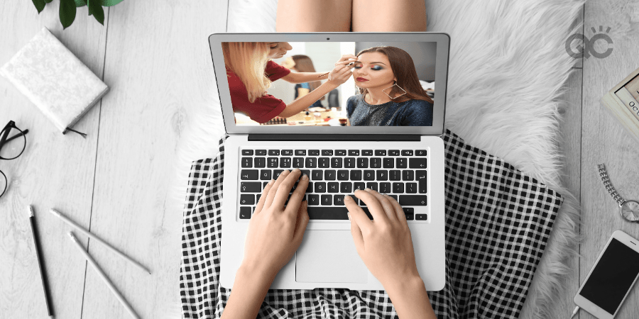 over view of girl taking online makeup course