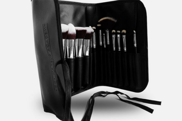 QC Makeup Academy brush set in leather case