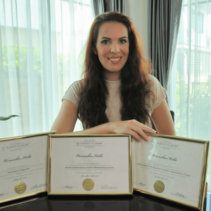 Makeup artist, Veronika Kelle, with her QC Makeup Academy certifications