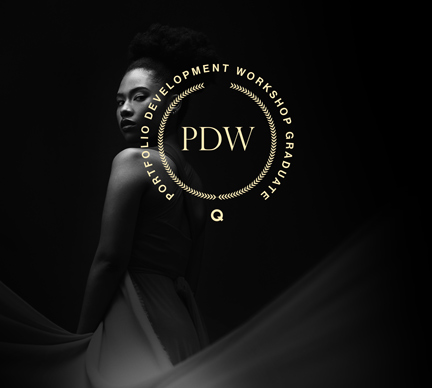 This image features a gold Portfolio Development Workshop Graduate (PDW) seal placed over a sophisticated black-and-white portrait. The high-contrast photography and elegant composition represent the professional standard of a completed creative portfolio.